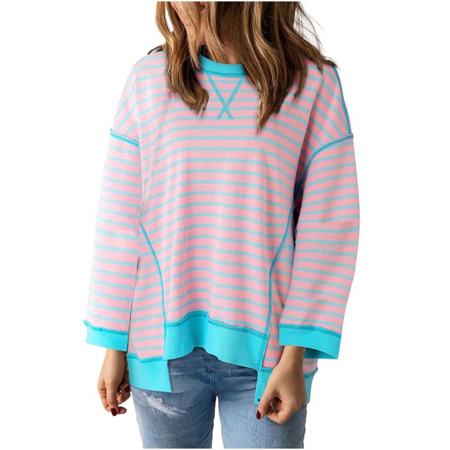 Pisexur Chandails à Capuchon pour Femmes à Imprimé Rayé, Chandails à Col Rond Décontractés et Stylés, Chemises à Manches Longues pour Femmes, Mode d'Automne, Chandail à Capuchon Ample et Surdimensionné, Hauts à Enfiler Légers et Confortables, Ourlet Irrégulier, Chandail