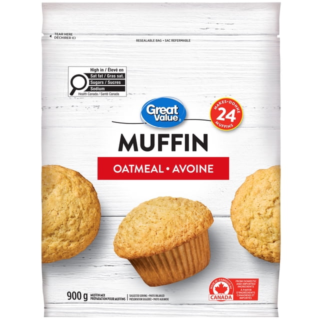Great Value Mélange pour muffins à l'Avoine 900 g Sac Refermable avec Trois muffins à l'Avoine sur Fond de Bois Blanc, Fabriqué au Canada avec des Ingrédients Nationaux et Importés, Prépare Environ 24 muffins, Convient pour un Déjeuner Rapide Ou la Préparation de Collations.