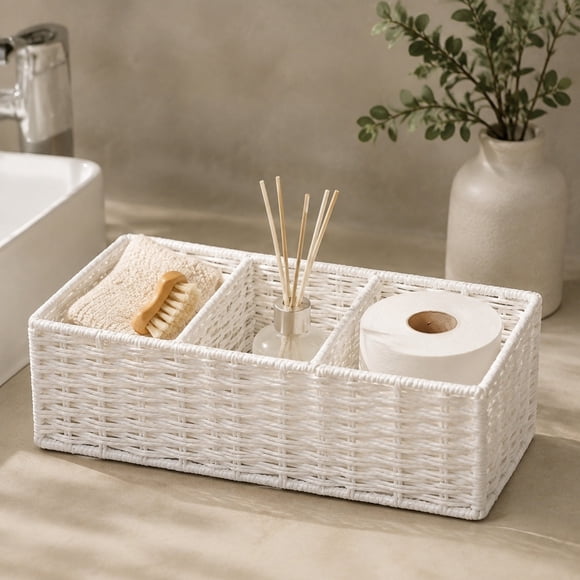 Gros Rabais! Panier de Rangement Tressé pour Papier Hygiénique à Compartiments Multiples, Bac Organisateur de Salle de Bain, Porte-Papier Hygiénique Décoratif pour Comptoir, Étagère, Salle de Bain, Déco Maison