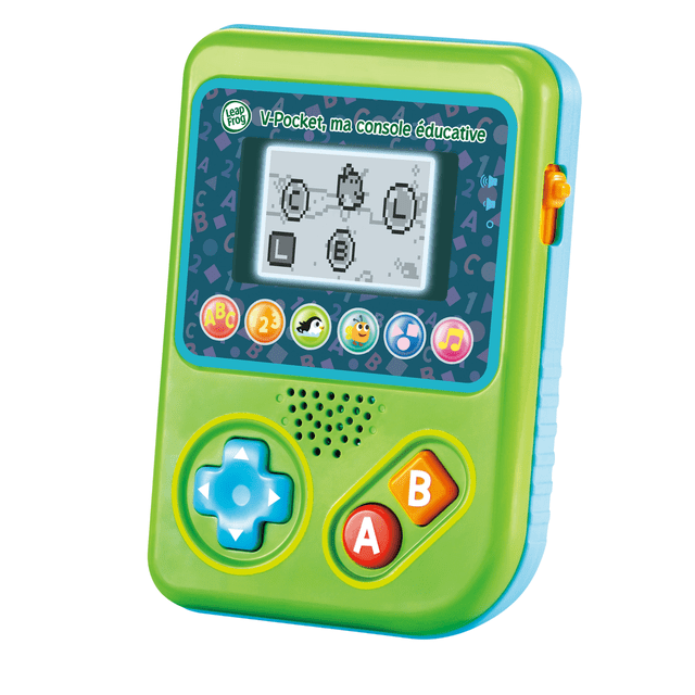 LeapFrog® Preschool Game & Go Handheld Video Game Toy - French Version, 2+ Yrs, green and blue handheld educational electronic toy with a grayscale screen showing letter and number icons, six colorful round buttons below the screen for letters, numbers, animals, and music, a blue directional pad on the left, and red and orange A and B buttons on the right, designed for early learning through interactive mini-games.