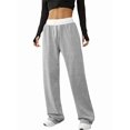 thumbnail image 3 of Women'S Contrast Color Waistband Sweatpants Wide Leg Pants with Drawstring Buckle Light Linen Gray M, 3 of 8