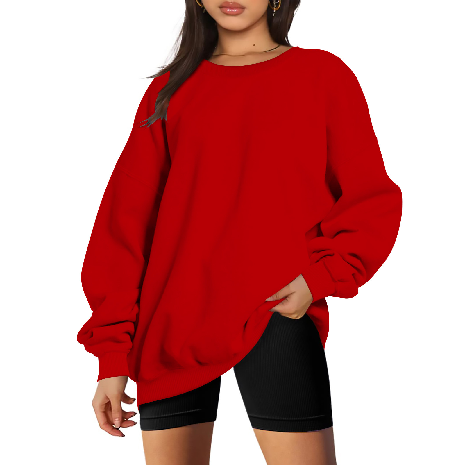 Jienlioq Femmes Manches Longues Liquidation Mode Femme Manches Longues Col Rond Chandail en Molleton Ample Blouse Unie Hauts Sélection Flash