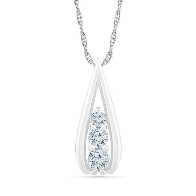 DGOLD Pendentif Trois Pierres en Or Blanc 10 Kt avec Diamant Blanc Rond pour Femmes (1/3 cttw)