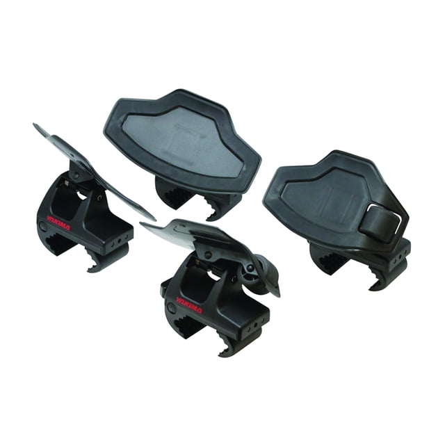 Yakima SweetRoll Rooftop Boat Loader with straps and bow and stern tie-downs. Includes 2 front and 2 rear saddles with integrated rollers for easy boat loading. Designed for tool-free installation on Yakima round, square, factory, or aerodynamic bars. Features a spring-loaded base for secure fit and molded pads to protect boats from scratches. Suitable for carrying one boat, with heavy-duty straps and optional HoodAnchor for vehicles without attachment points.