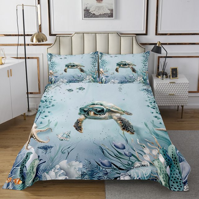 Erosebridal Sea Turtle Coverlet Set King, Watercolor Bedding Set, Ocean Animals Decor, 3 Pieces