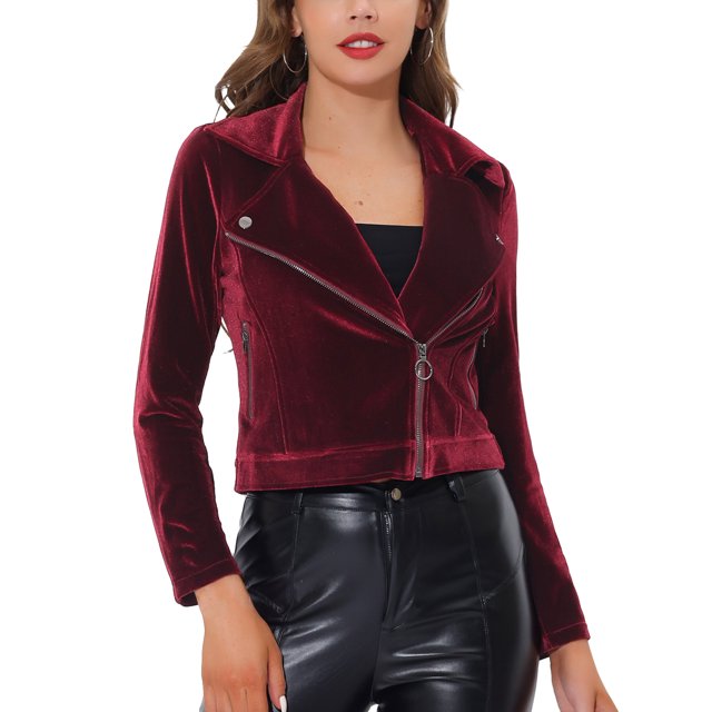 INSPIRE CHIC Veste de Moto Courte en Velours pour Femme à Revers Cranté avec Fermeture Éclair m Rouge Vin