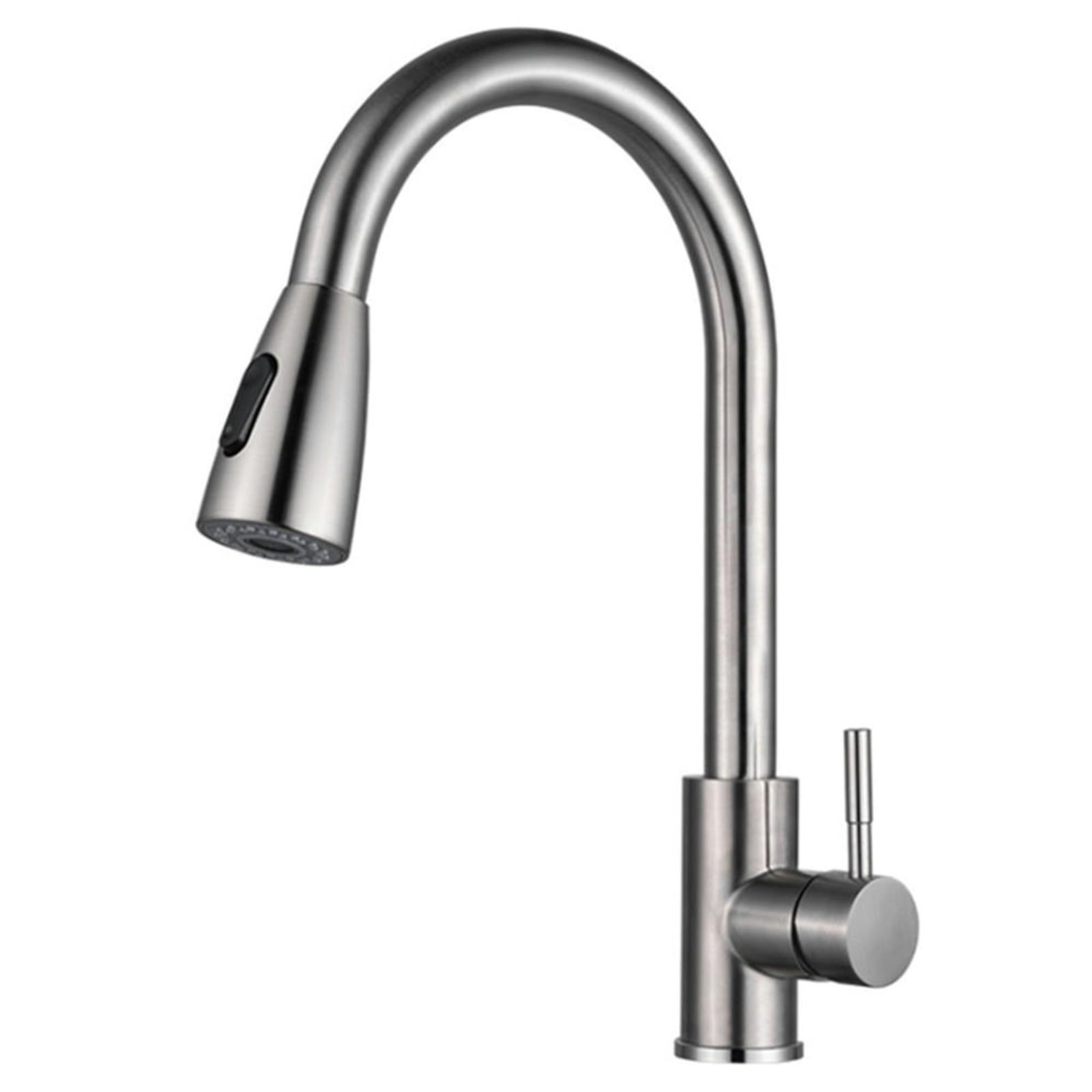 Kitchen taps with a pull-out kitchen faucet, stainless steel sink, laundry tub, the dishwasher and the sink (white), silver
