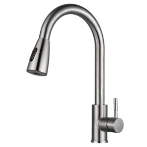 Kitchen taps with a pull-out kitchen faucet, stainless steel sink, laundry tub, the dishwasher and the sink (white), silver