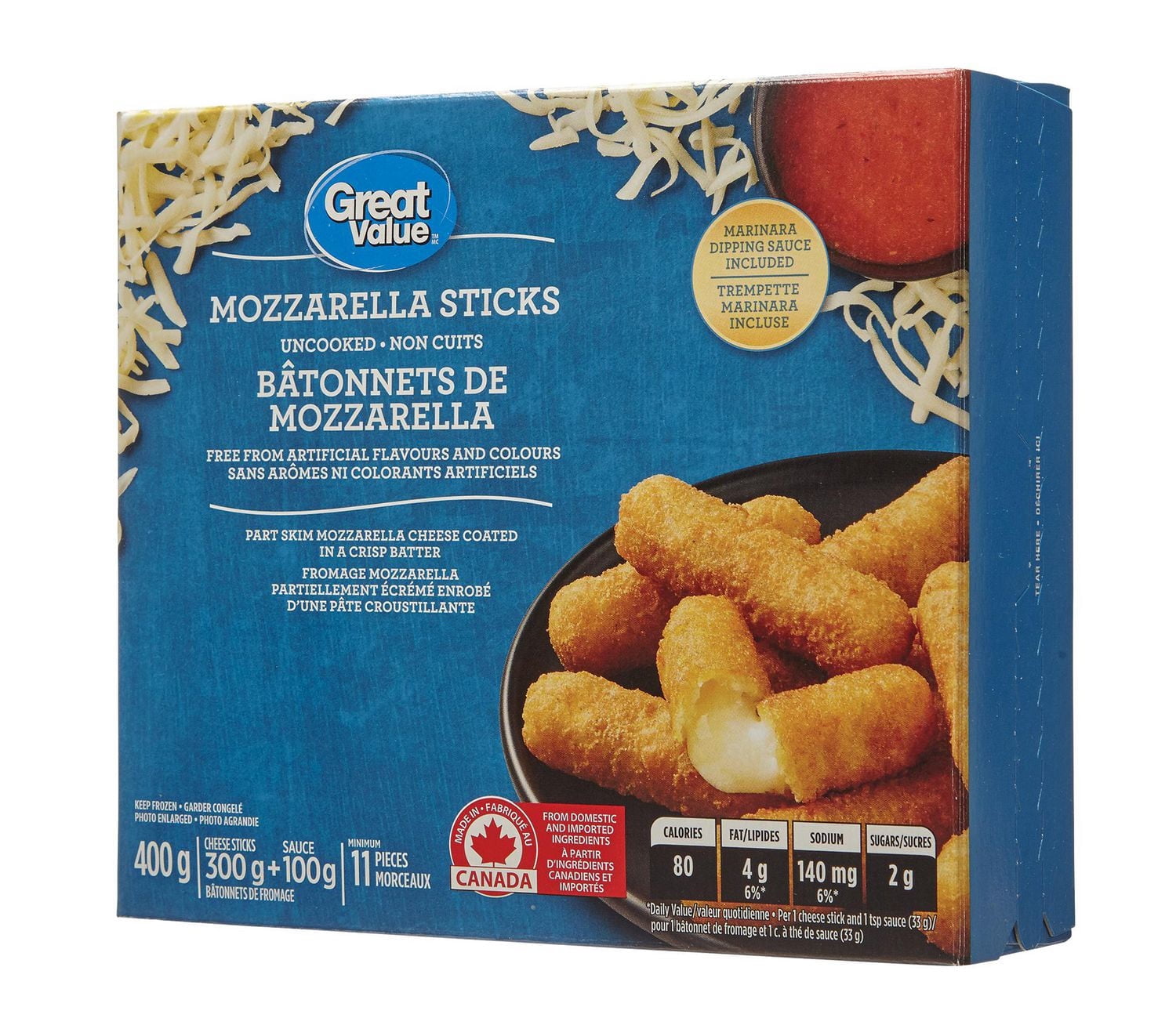 Great Value Bâtonnets de Mozzarella Surgelés avec Sauce Marinara pour Trempette hors-D'œuvre 400g