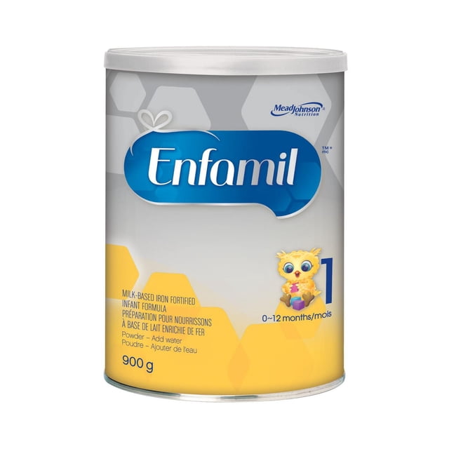 Enfamil® Baby Formula, Powder 900g can with milk-based iron fortified infant formula for 0 to 12 months, featuring a gray and yellow label with the Enfamil logo and a cartoon owl holding blocks, designed for infant nutrition and easy preparation.