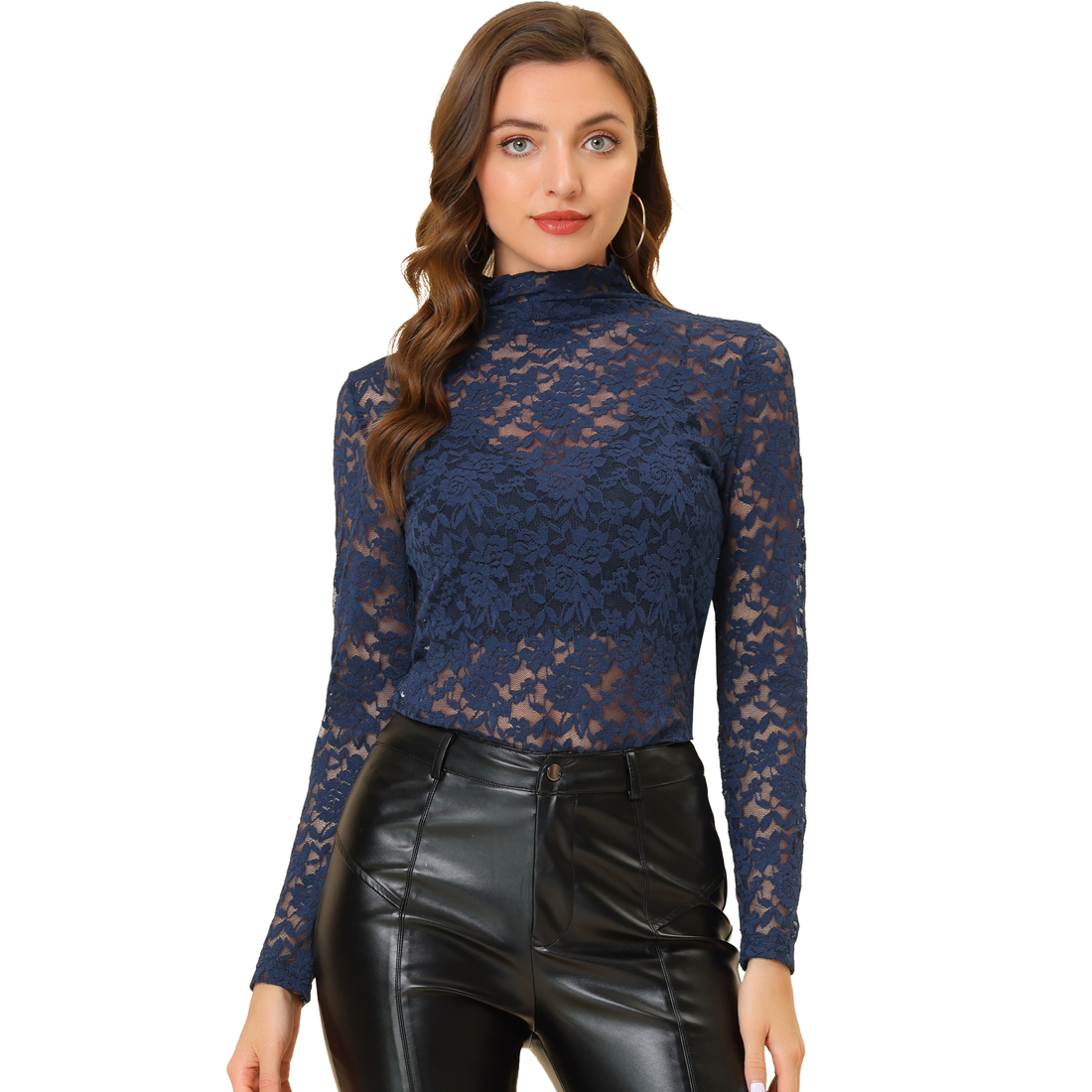 INSPIRE CHIC Haut Transparent d'Halloween pour Femme à Manches Longues, Col Roulé, Blouse en Dentelle Florale Transparente TP Bleu Marine