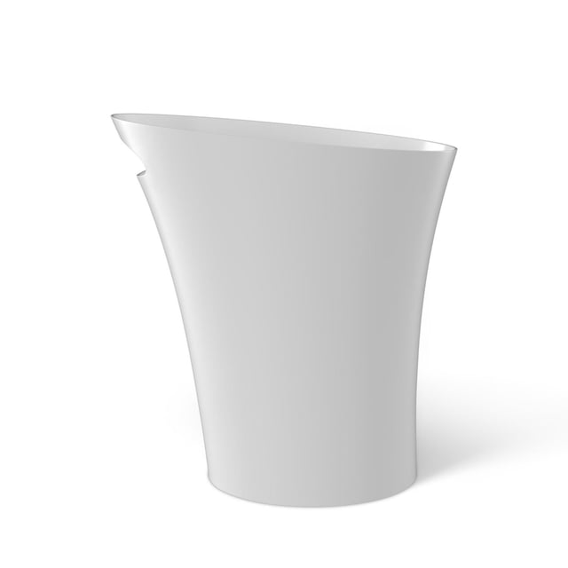 Skinny Can 2G Metallic White slim trash can with a narrow, tapered cylindrical shape and integrated handle notch near the top, made of durable polypropylene plastic, designed to fit small spaces in bathrooms, bedrooms, or offices.