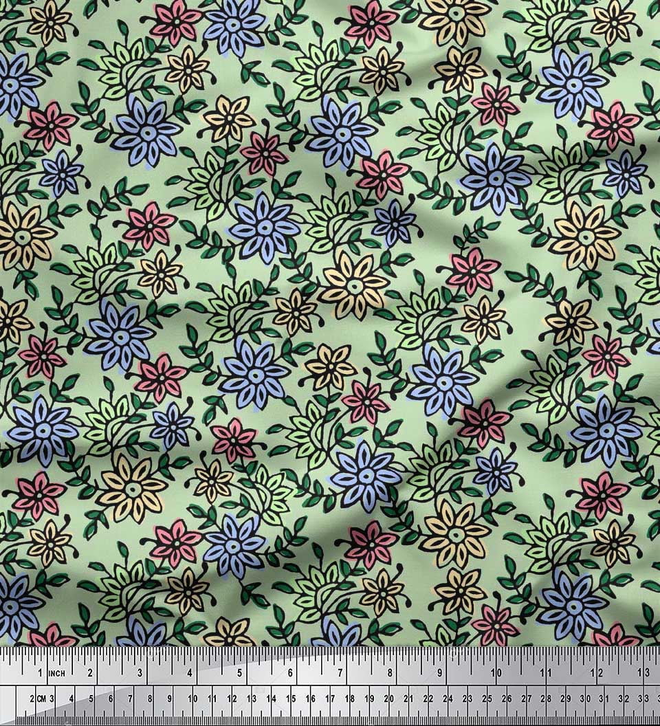 Soimoi Rayon Crepe Fabric Leaves & Floral Block Print Fabric by Yard 46 Inch Wide