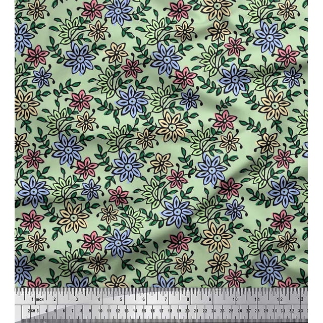 Soimoi Polyester Crepe Fabric Leaves & Floral Block Print Sewing Fabric Yard 42 Inch Wide