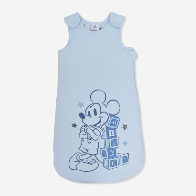 Mickey Sleep Bag in light blue sleeveless wearable blanket with ring snaps at shoulders and side zipper for easy dressing and diaper changes, featuring full body lining for added warmth and front screen print of Mickey Mouse with blocks spelling MICKEY, designed for baby boys 0-12 months.