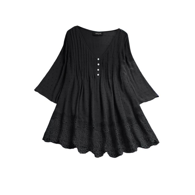 UKAP Ladies Tops Flowy Blouse Pleated Shirts Loose Holiday Summer Black XL