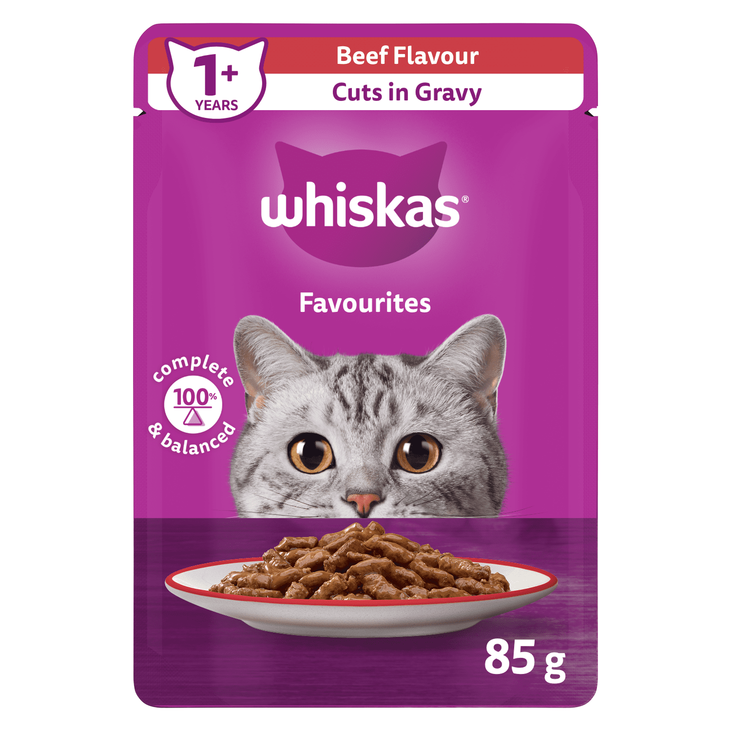 WHISKAS FAVOURITES Adult Wet Cat Food Cuts in Gravy Beef Flavour 85g Pouch