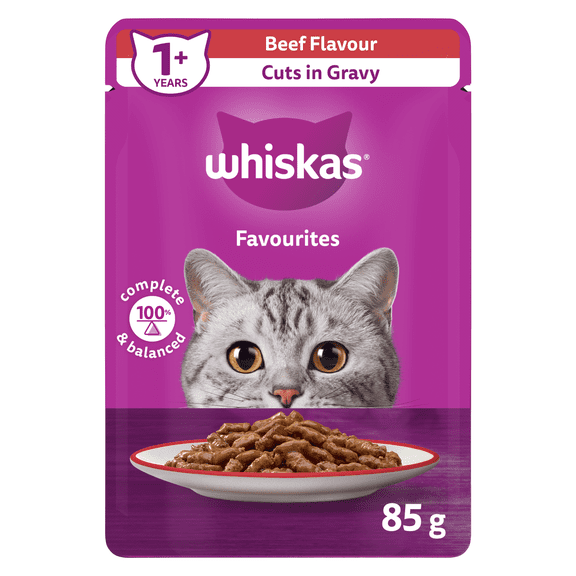 WHISKAS FAVOURITES Adult Wet Cat Food Cuts in Gravy Beef Flavour 85g Pouch