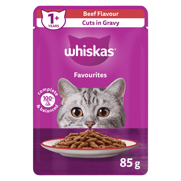 WHISKAS FAVOURITES Adult Wet Cat Food Cuts in Gravy Beef Flavour 85g Pouch