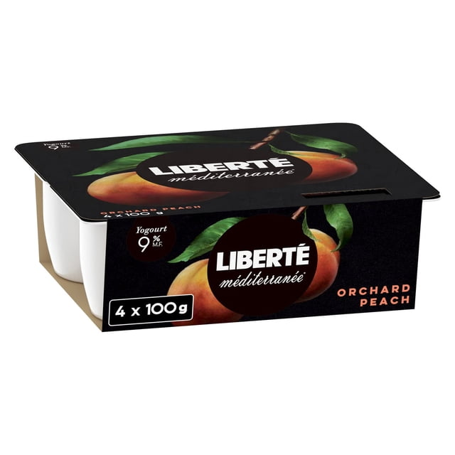 Liberté Méditerranée 9% Yogurt Orchard Peach 100 g 4 ct pack containing four white yogurt containers in a black cardboard sleeve with realistic peach illustrations and the Liberté logo