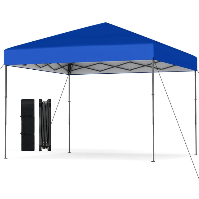 Costway Abri à Déploiement Rapide 10 x 10 Pi Bleu avec Toit en Tissu oxford durable Offrant une protection Solaire UPF50+ et un Revêtement Argenté. la Tente Comprend un Cadre Métallique Robuste avec des Liaisons à Treillis, 3 Réglages de Hauteur Ajustables (8,3/8,8/9,3 Pi), et Est Fixée avec 8 Piquets de Sol et 4 Cordes Coupe-Vent. un Sac de Transport portable et un Cadre Pliable Sont Présentés à Côté de la Tente, Mettant en Valeur Son Installation et Sa Portabilité Faciles. Idéal pour les Événements Extérieurs, le camping et les Rassemblements
