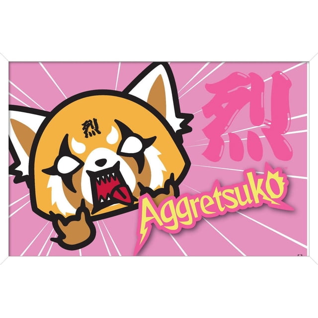 Aggretsuko - Affiche Murale de Cornes, 14,725 Pouces x 22,375 Pouces Mettant en Vedette une Tête de panda Roux de Dessin Animé Centrée avec Bouche Ouverte Mettant en Valeur des Dents Tranchantes et la Langue Extérieure, Créant des Panneaux de Main rock sur Fond Rose avec des Lignes Radiales Blanches et des Caractères kanji Japonais Roses Audacieux, Accentués par le logo Aggretsuko Jaune et Rose, Affiche Imprimée sur Fini Satiné Convenant à la Déco de la Maison et à l'Art Mural