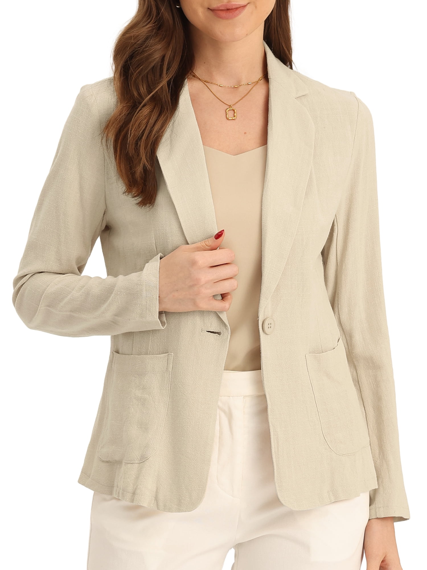 INSPIRE CHIC Linen Blazer for Women's Notch Lapel One Button Suit Jackets S Beige