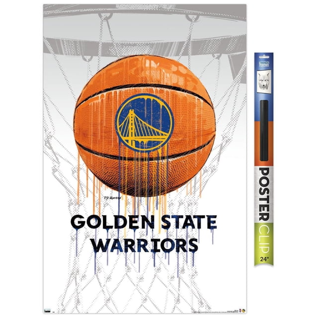 NBA Golden State Warriors - Affiche Murale Drip Ball 20, 22,375 Pouces x 34 Pouces Mettant en Vedette un Grand Ballon de basketball orange avec le logo des Golden State Warriors, Peinture Bleu et Jaune Goutte à Goutte, sur Fond de Panier de basketball en Niveaux de Gris et Filet, avec Texte Audacieux « Golden State Warriors » en Bas. l'Affiche Brillante Comprend une Pince pour Affiche de 24 Pouces pour une Suspension Facile et Sans Dommages, Idéale pour la Déco de la Maison Ou les Chambres de Fans
