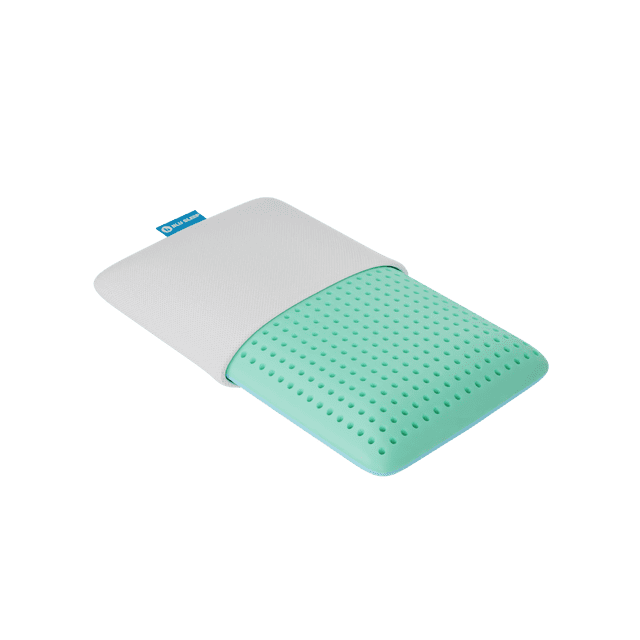 Blu Sleep BIO-GEL Aloe Memory Foam Mid Profile Breathable Gel Foam Pillow designed for bed use, offering dual comfort with ICE GEL cooling gel foam and BIO ALOE memory foam. Features ventilation holes for airflow, a Cool & Cozy cover for temperature regulation, and aloe essential oil infusion for soothing skin. Made in Italy.
