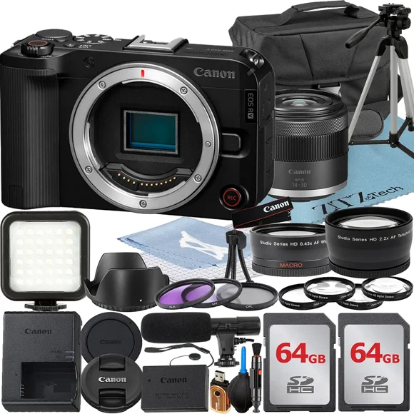 Canon EOS R50 V Appareil Photo Sans Miroir avec Objectif 14-30mm + Carte Mémoire 64 Go + Étui + Trépied + Ensemble d'Accessoires ZeeTech
