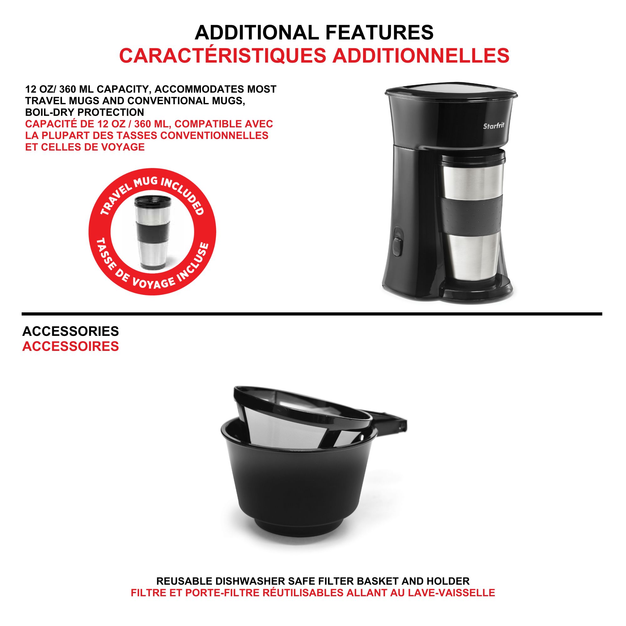 Starfrit Single-Serve Coffee Maker, 12 oz (360 ml), 600 W, with Travel Mug
