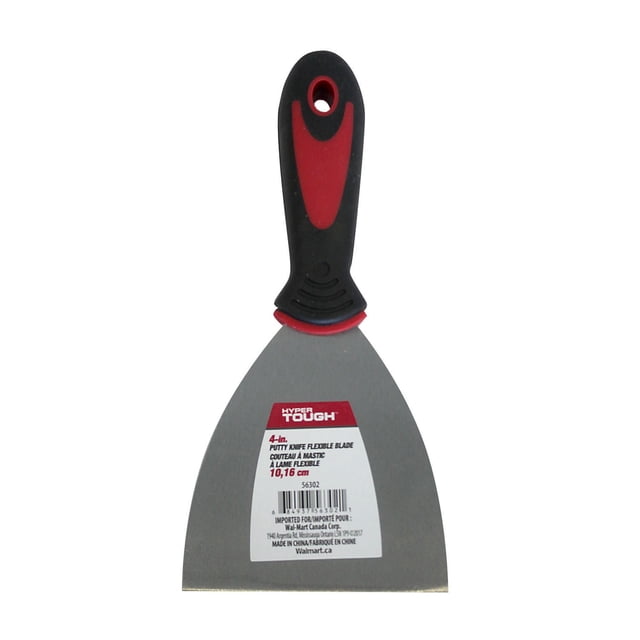 Hyper Tough Couteau à Pâte avec Lame en Acier au Carbone flexible de 4 Pouces et Manche Ergonomique en Plastique Noir et Rouge, Conçu pour Rapiécer et Remplir les Cloisons Sèches, Montré Orienté vers l'Avant avec Étiquette de Produit sur la Lame sur Fond Blanc.