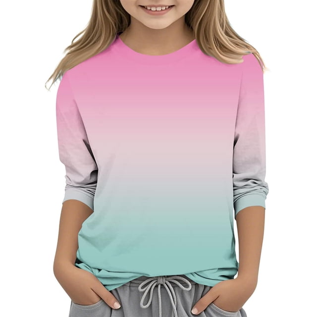 2025 T-Shirts Décontractés pour Filles Manches 3/4 Col Rond Tops d'Été T-Shirts Unis Blouses d'Automne Chandail Tops Rose