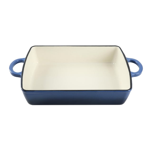 Mainstays 5.2 Quart Enameled Cast Iron Rectangular Roaster in blue with cream interior and two loop handles, designed for even heat distribution and easy transport, ideal for roasting vegetables, meats, casseroles, and dishwasher safe for easy cleaning.