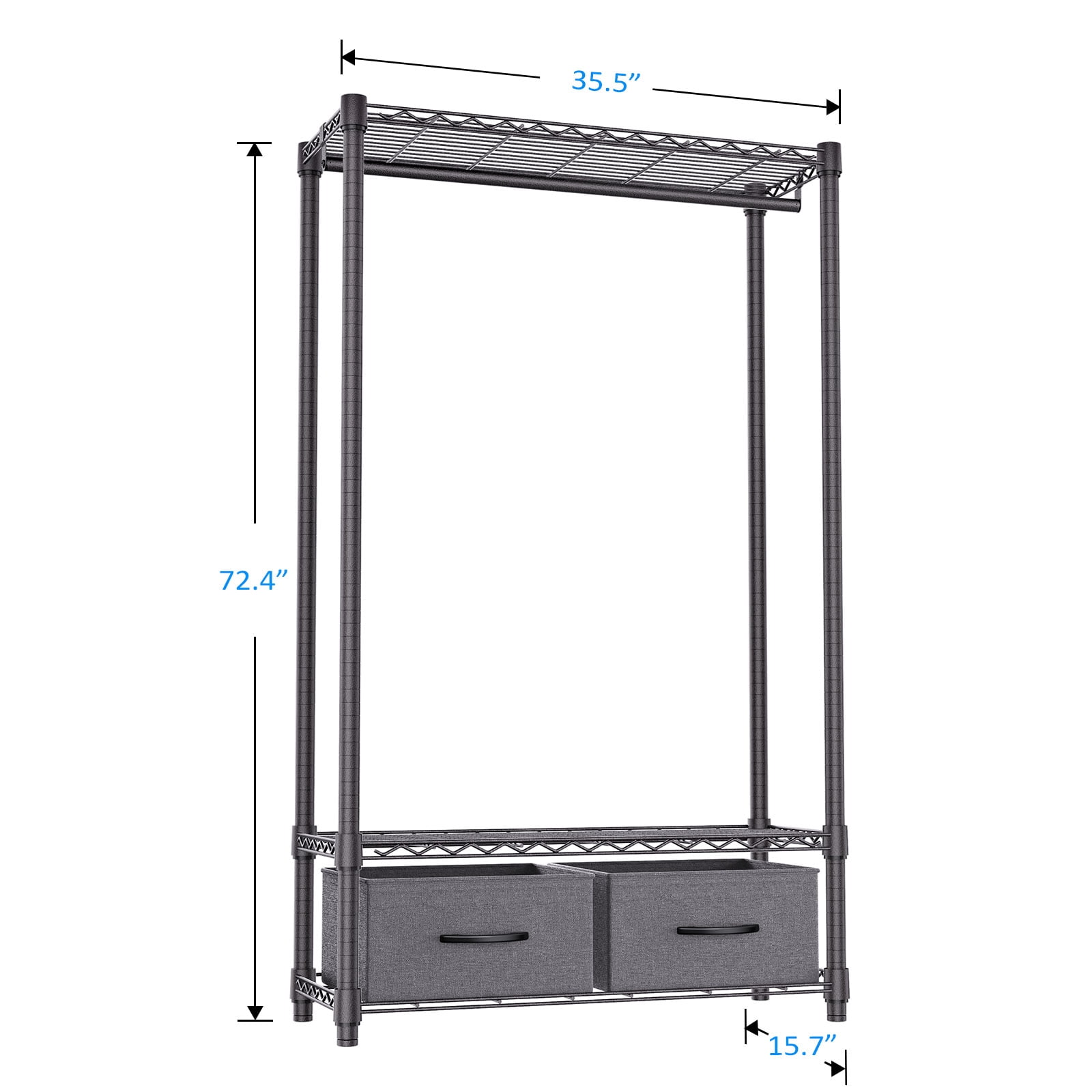 M MZG Heavy Duty 3-Shelf Garment Rack with 2 Fabric Drawers, Dark Grey