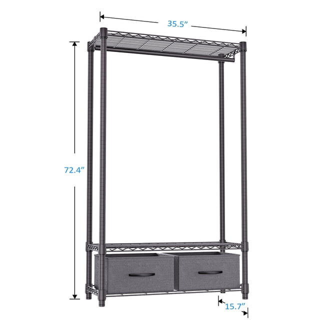 M MZG Heavy Duty 3-Shelf Garment Rack with 2 Fabric Drawers in dark grey, designed for versatile clothing storage and closet organization. Made from durable carbon steel with anti-rust materials and a 25.4 mm diameter, it features a hanging rod, height-adjustable shelves, and two fabric drawers with handles for small items. Dimensions are 15.7 inches deep, 35.5 inches wide, and 72.4 inches high.