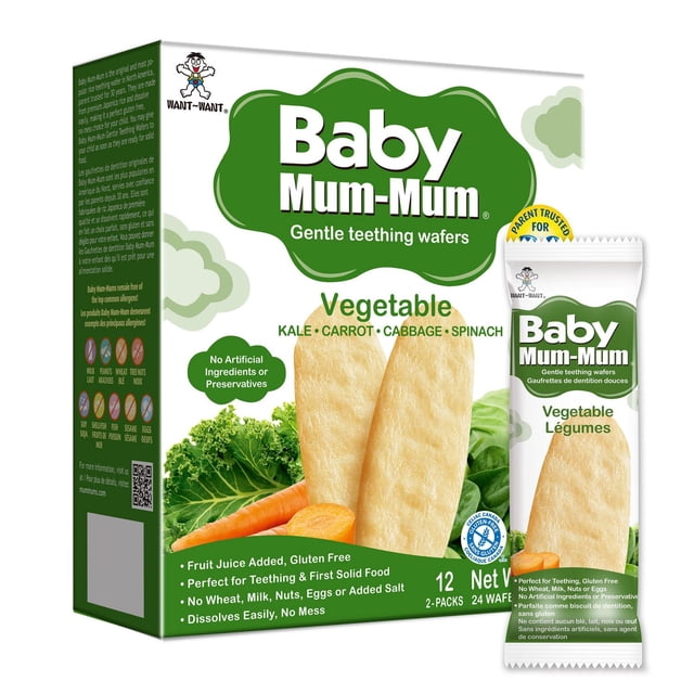 Baby Mum-Mum Vegetable Rice Rusks box with gentle teething wafers made from kale, carrot, cabbage, and spinach. Allergen-free and gluten-free, these 12 wafers in 2 packs dissolve easily, making them ideal teething snacks and first solid foods with no artificial ingredients or preservatives.