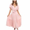 thumbnail image 1 of Birdeem Womens Casual Fashion Solid Color V-Neck Lace-Up Flared Sleeve Splicing Dress, 1 of 6
