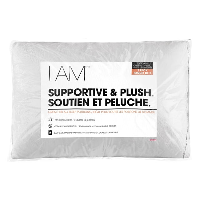 I AM Supportive & Plush 2pk Pillow set with two standard queen-size bed pillows featuring 100% cotton covers and hypoallergenic blown fiber fill for plush sleep support, easy machine washable, ideal for all sleep positions and suitable for guest or travel use.