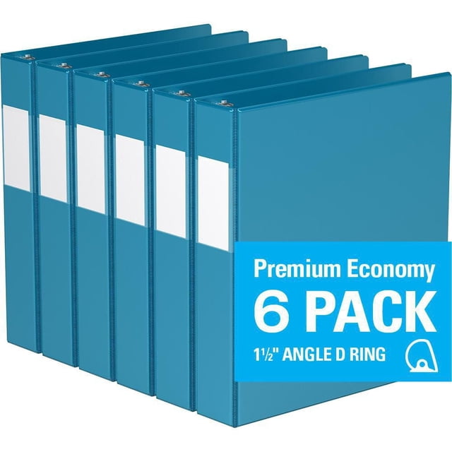 Davis Group Premium Economy D Ring Binder 6 Pack 1.5 inch featuring six blue binders with angle D rings, full-width label holders on spines, and clear interior pockets for securing documents, suitable for office and school use.