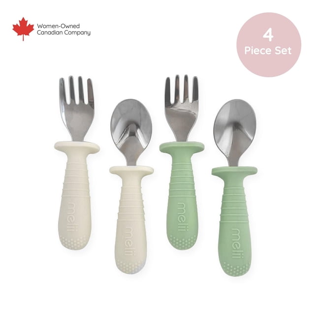 Melii ensemble cuillère et fourchette en silicone et acier inoxydable pour bébé 4 pack - menthe + creme