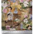 thumbnail image 1 of Soimoi Poly Georgette Fabric Flower Vase,Cat & Girl Human Figure Print Sewing Fabric Yard 42 Inch Wide, 1 of 3