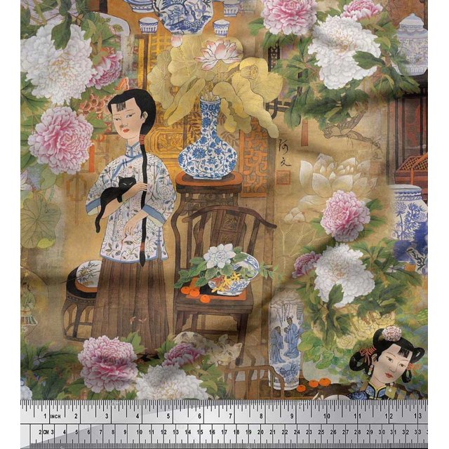 Soimoi Poly Georgette Fabric Flower Vase,Cat & Girl Human Figure Print Sewing Fabric Yard 42 Inch Wide