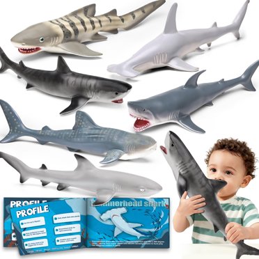 6 Pack Large Size Shark Toys(15-16 Inch) with Educational Booklet, Soft Plastic Figurines, Party Decoration, Under The Sea Creature Toy, Ocean Animal