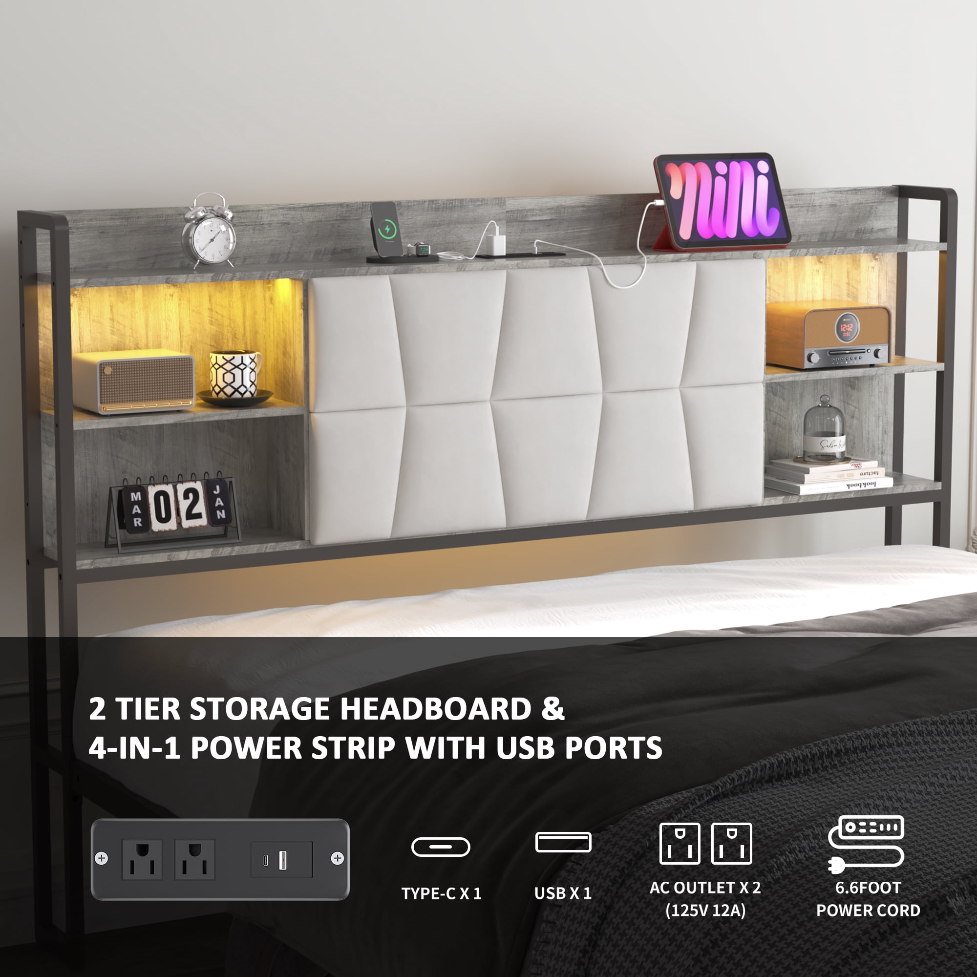 Noble House Queen Upholstered Platform Bed,LED Bookcase Headboard with Charging Station & Storage,Beige + White