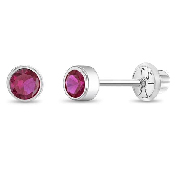 Bezel Set Simulated Ruby Toddler Screw Back Earrings 14k White Gold