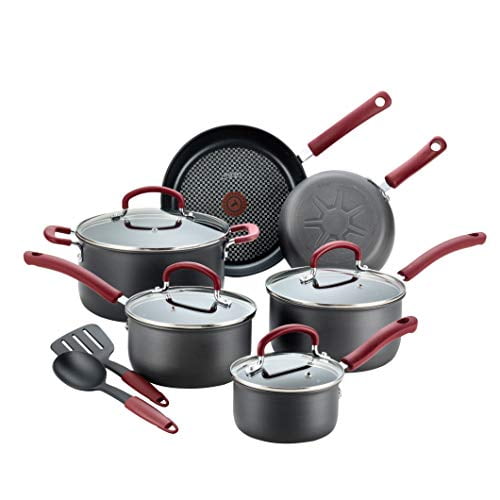 T-fal Batterie de Cuisine Antiadhésive en Aluminium Anodisé Dur, Compatible Lave-Vaisselle, 12 Pcs, Rouge