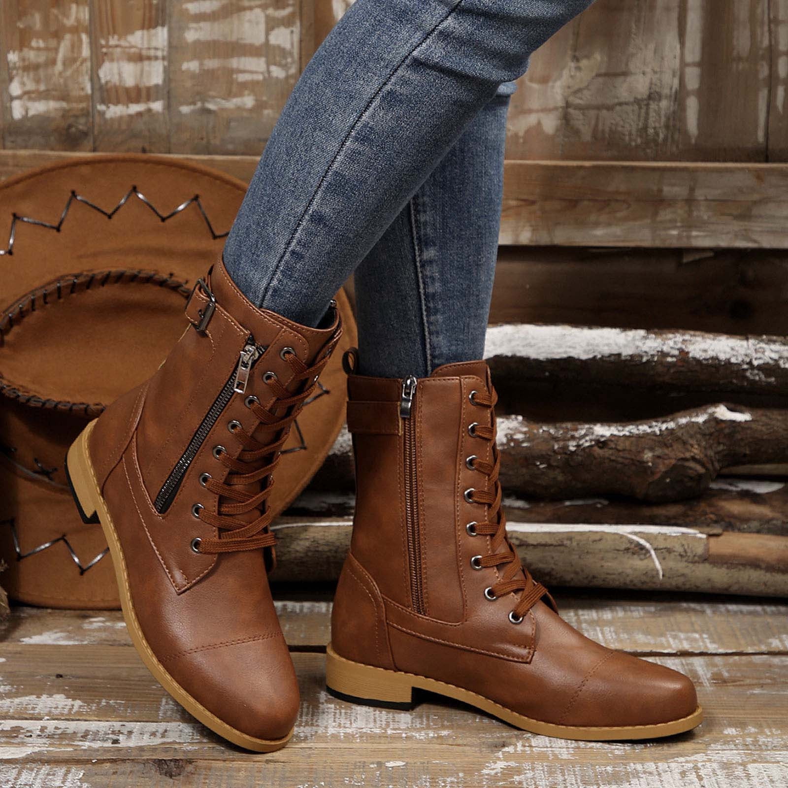 Styesk Bottes pour Femmes Bottes pour Femmes Mode Décontractée Bout Rond Mi-Mollet Couleur Unie Style Printemps et Automne Bottes à Fermeture Éclair Latérale Bottes de Travail pour Femmes