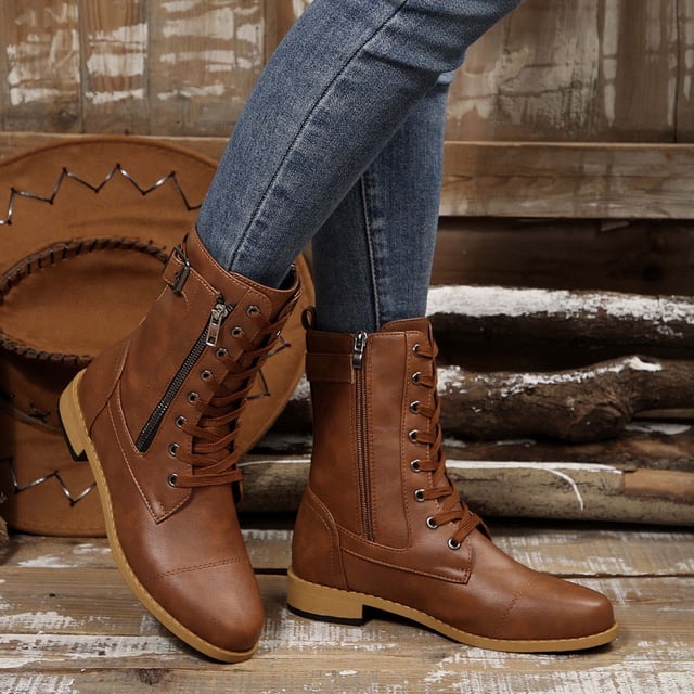 Styesk Bottes pour Femmes Bottes pour Femmes Mode Décontractée Bout Rond Mi-Mollet Couleur Unie Style Printemps et Automne Bottes à Fermeture Éclair Latérale Bottes de Travail pour Femmes