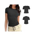thumbnail image 2 of Wangsaura Womens Crewneck Short Sleeve Ribbed T-Shirt Slim Fit Tops Solid Basic Tee, 2 of 7